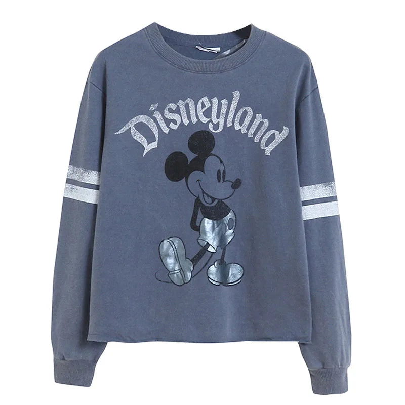 Retro Distressed Sweatshirt Women Mickey Mouse Casual Pullover Tops O Neck Long Sleeve Jumper Streetwear