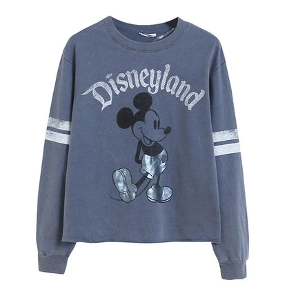 Retro Distressed Sweatshirt Women Mickey Mouse Casual Pullover Tops O Neck Long Sleeve Jumper Streetwear