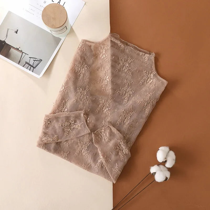 New Women Floral Lace Shirt Spring Autumn Long Sleeve Sexy Mesh Bottoming Shirts Mock Neck Blouse T-Shirt Pullover Top