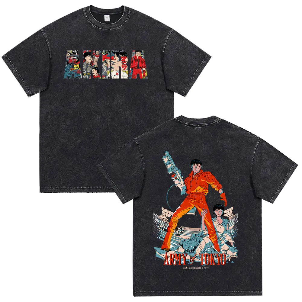 Japanese Anime Akira Washed Vintage T Shirt Science Fiction Cartoon Movie Shotaro Kaneda T-shirt Men Women Cotton Casual T-shirt