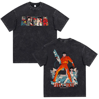 Japanese Anime Akira Washed Vintage T Shirt Science Fiction Cartoon Movie Shotaro Kaneda T-shirt Men Women Cotton Casual T-shirt