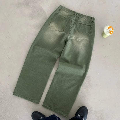 Calça Jeans Retrô Y2K Matcha Lavada Borda de Bilhar Calça Jeans Bordada Moda de Londres Estilo de Nova York Streetwear Unissex Jeans Folgado
