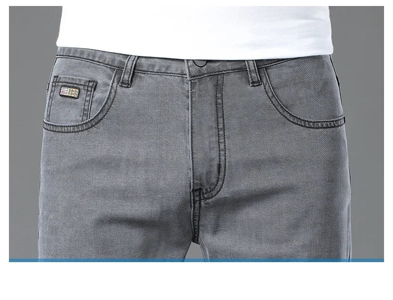 Summer Lyocell Ultra-thin Jeans Men Straight Stretch Breathable Denim Pants Fashion Business Casual Male Trousers Black Gray
