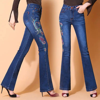 Vintage Ethnic Embroidery Flare Jeans Women Blue Wash Button Pocket Zipper Elastic High Waist Casual Versatile Straight Pants