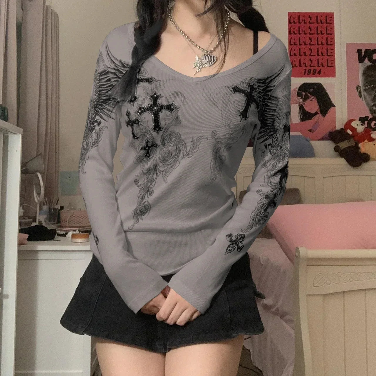 Y2k Graphic Cross Wings Print Long Sleeve Women Grunge Fairy T-shirt Harajuku Tee 2000s Aesthetic Punk Style Clothes Streetwear
