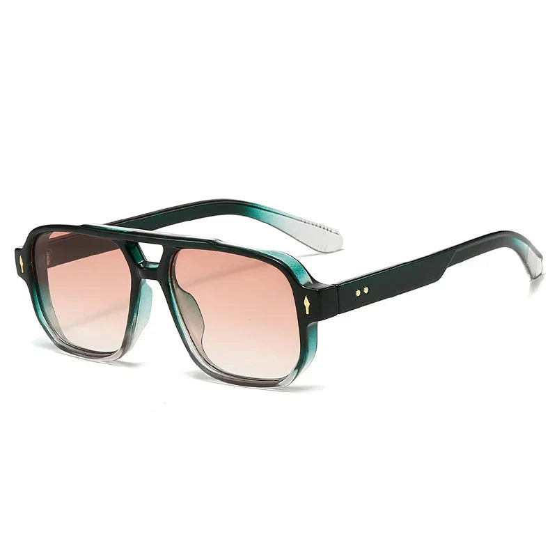 Vintage Double Bridges Men Square Sunglasses Fashion Green Ocean Lens UV400 Eyewear Women Trending Rivets Sun Glasses