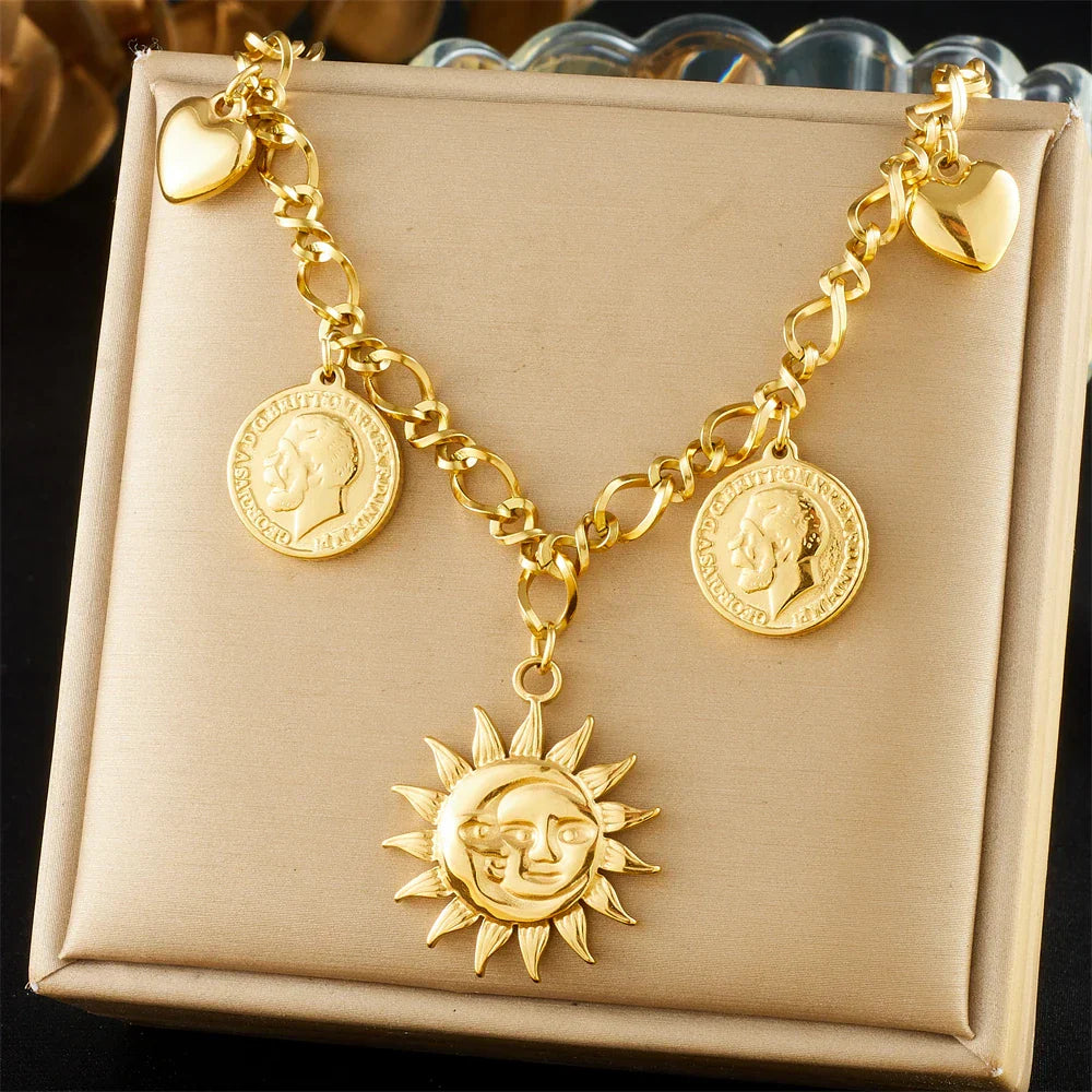 316L Stainless Steel Golden Trendy Starfish Moon Sun Shaped Pendant Necklace For Women Romantic Neck Chain Holiday Gift