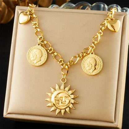 316L Stainless Steel Golden Trendy Starfish Moon Sun Shaped Pendant Necklace For Women Romantic Neck Chain Holiday Gift