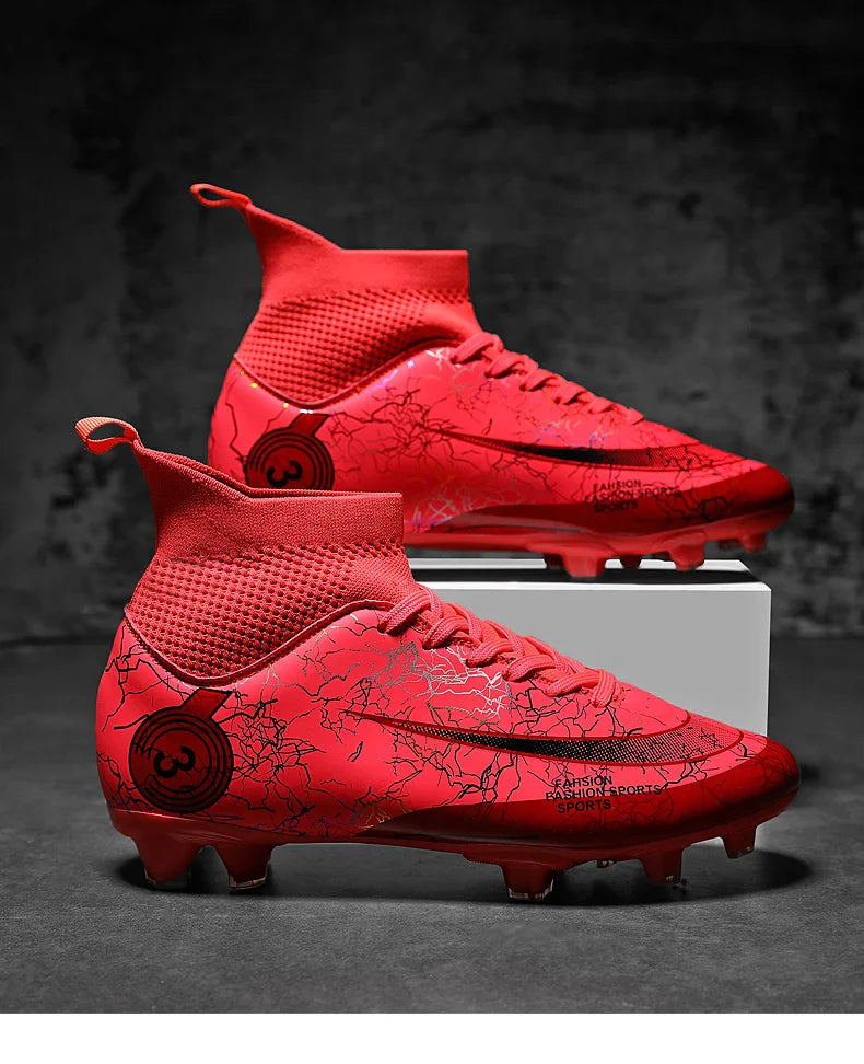 Fashion Men Professional Soccer Shoes Outdoor Cleats Unisex Ultralight Long Spikes Futsal Training Shoes Red Football Boots Men