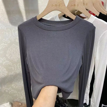 Outono Escritório Senhora Básica Gola Redonda Slim T-Shirt Feminina Cor Sólida Multicor Tendência Versátil Casual Top Manga Longa Elástico Canelado