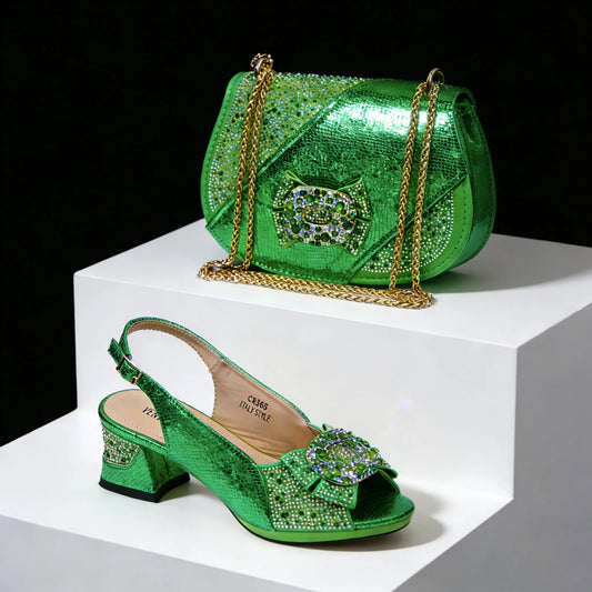 Italian Design Open Toe Women High Heels for 2026 Elegant Party Green Color Diamond Pumps Shoes and Bags Matching Set