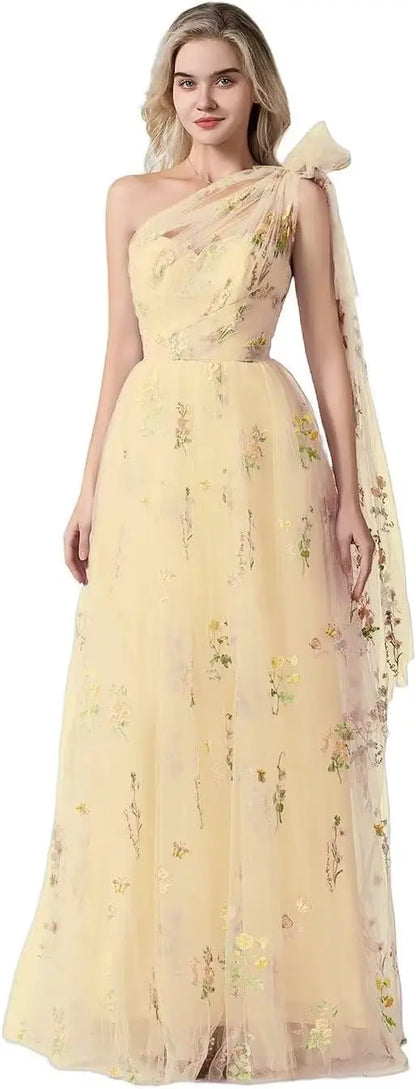 Vestido Longo de Formatura Feminino Elegante de Um Ombro Só com Bordado Floral em Tule, Modelo Godê para Festas de Gala