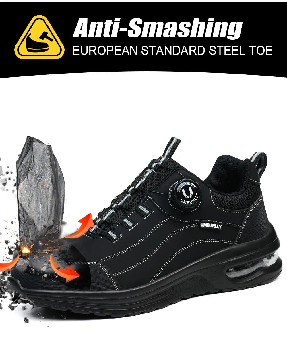 Men's Steel Toe Safety Work Boots Puncture Resistant Kevlar Midsole Air Cushioned Black Button Style Industrial Construction
