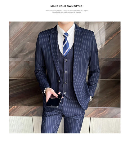 New three-piece suit with tailored striped business suit blazer and trousers set. Korean fashion trend. Stylish wedding attire.