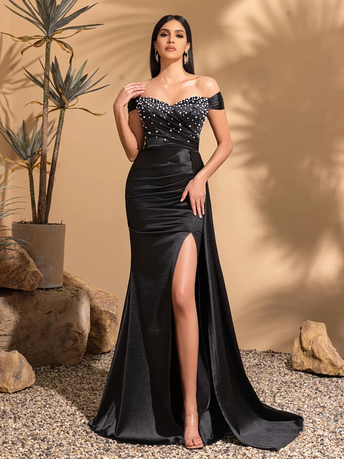 One-shoulder pearl decoration, pleated side ribbon satin skirt slit dress