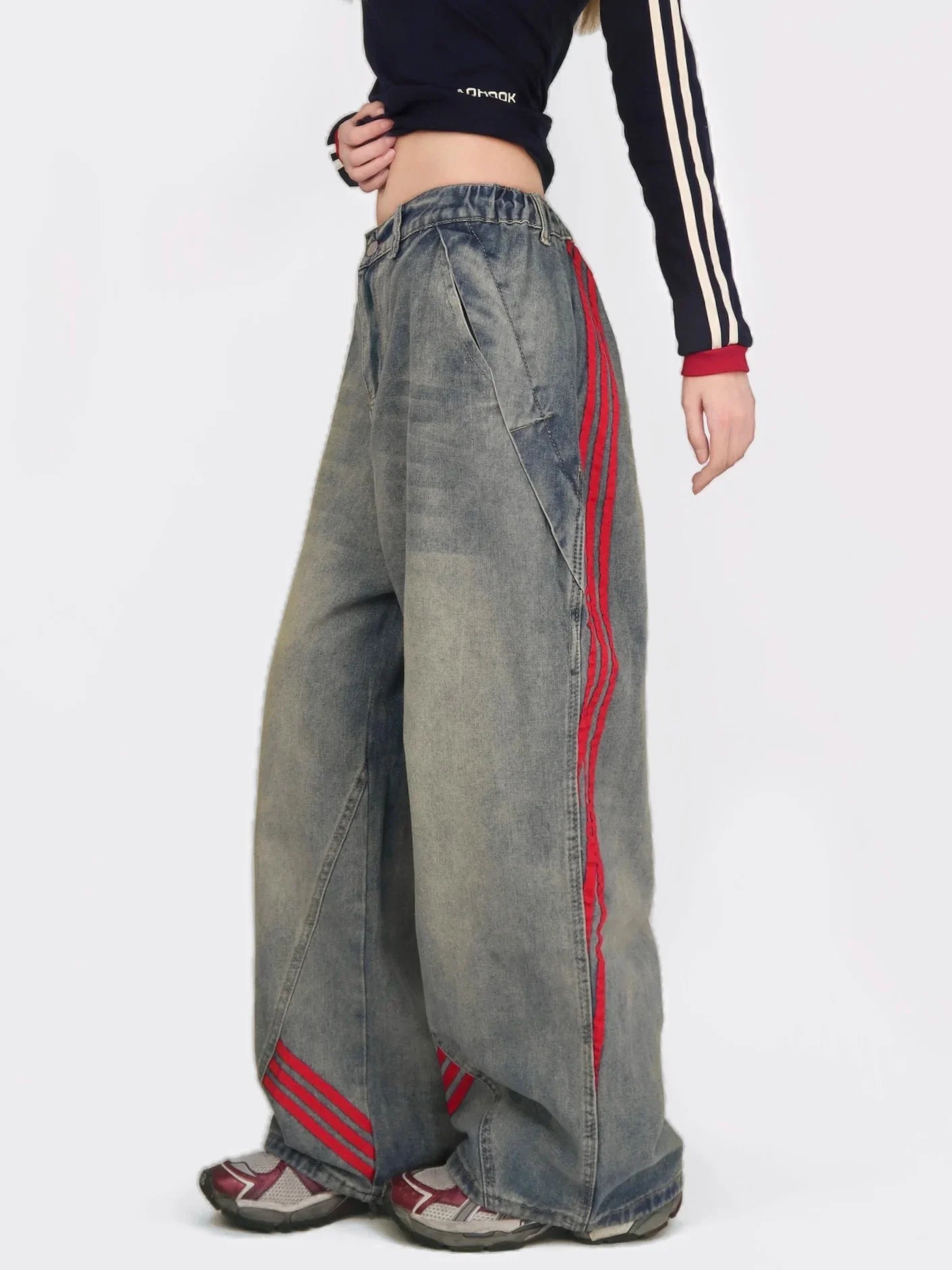 Loose Trendy Brand, Straight Striped Splicing, Casual Wide-Leg Pants