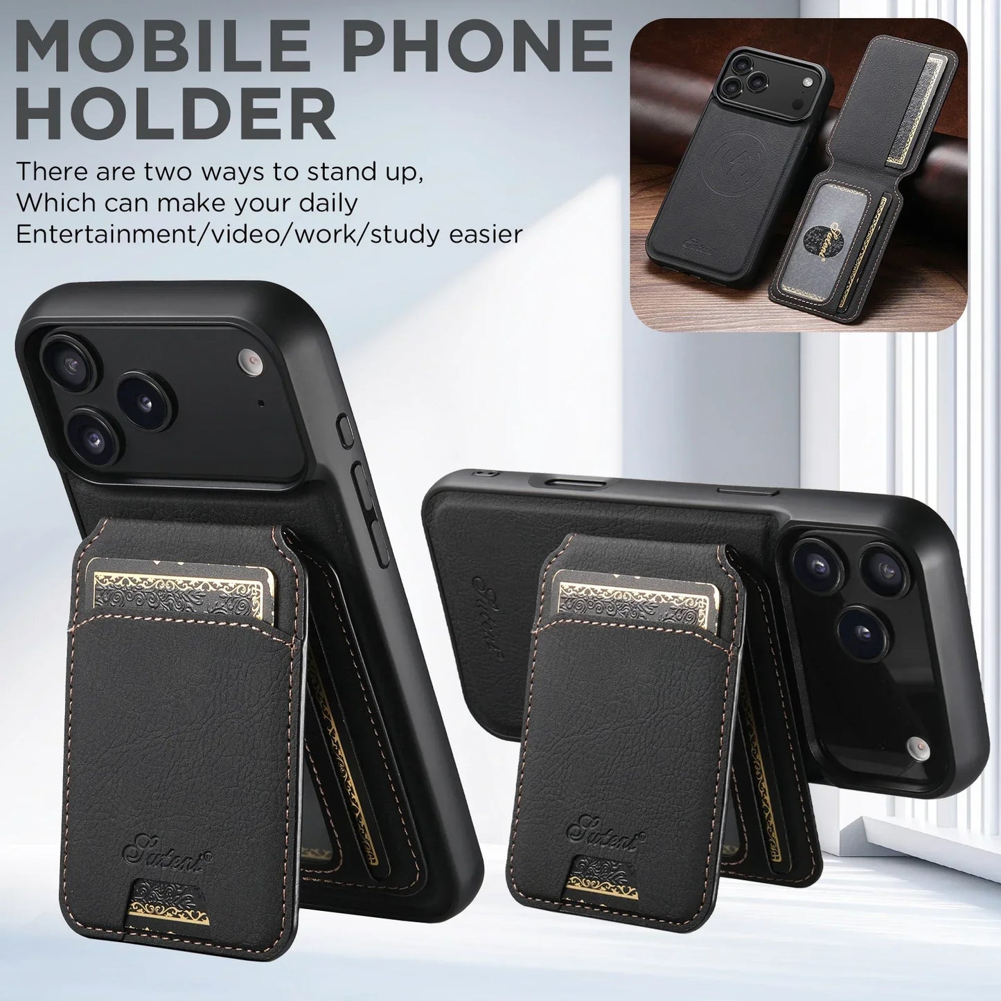 Wireless Charging Phone Case Magnet Card Holder Stand Faux Leather For iPhone 17 Pro Max 16 Plus 15 14 13 12