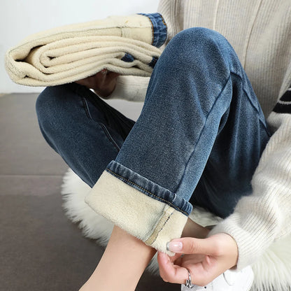 Calça Jeans Feminina Inverno Fleece Quente Reta Slim Elástica Algodão Grosso Quente Denim Moda Roupa Feminina