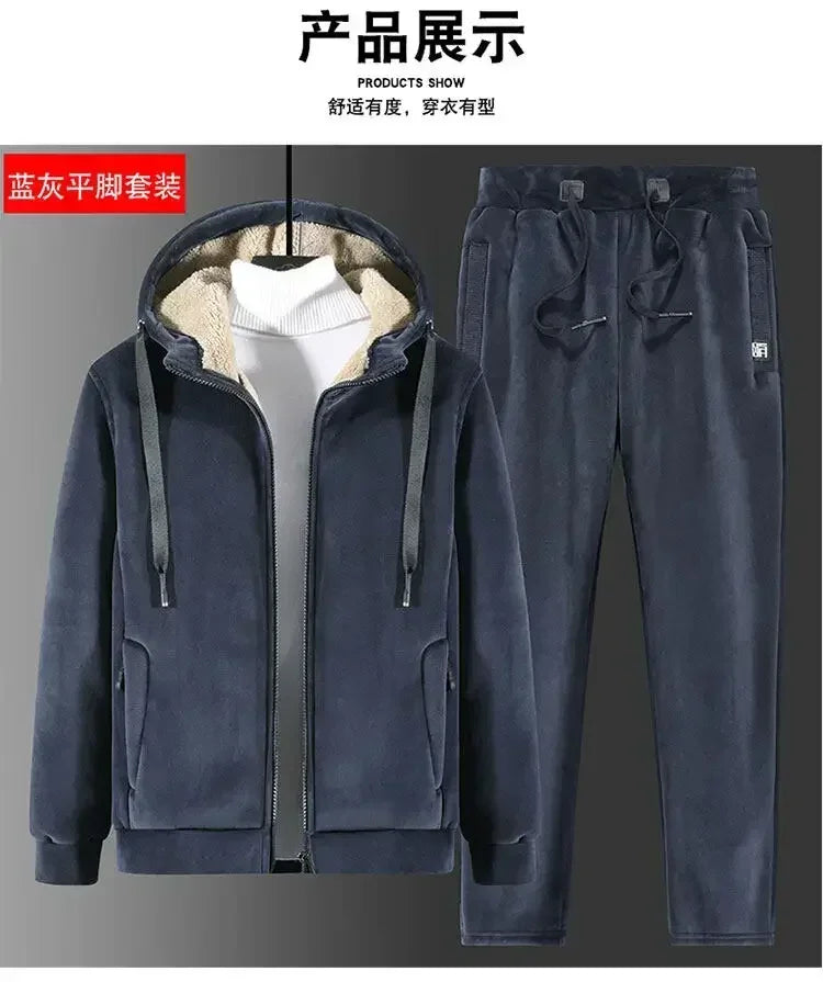 Men Sports Suits Tracksuit Sets Hoodies Casual Hooded Warm Sweatshirts+Pants Thicker Fleece New Jacket+Pants 2 Pieces Velvet Set