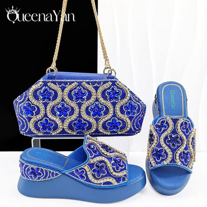 Popularity Open Toe Luxury Fashion Women High Heels Shoes and Bags Set With Rhinestone for Wedding Party Elegant