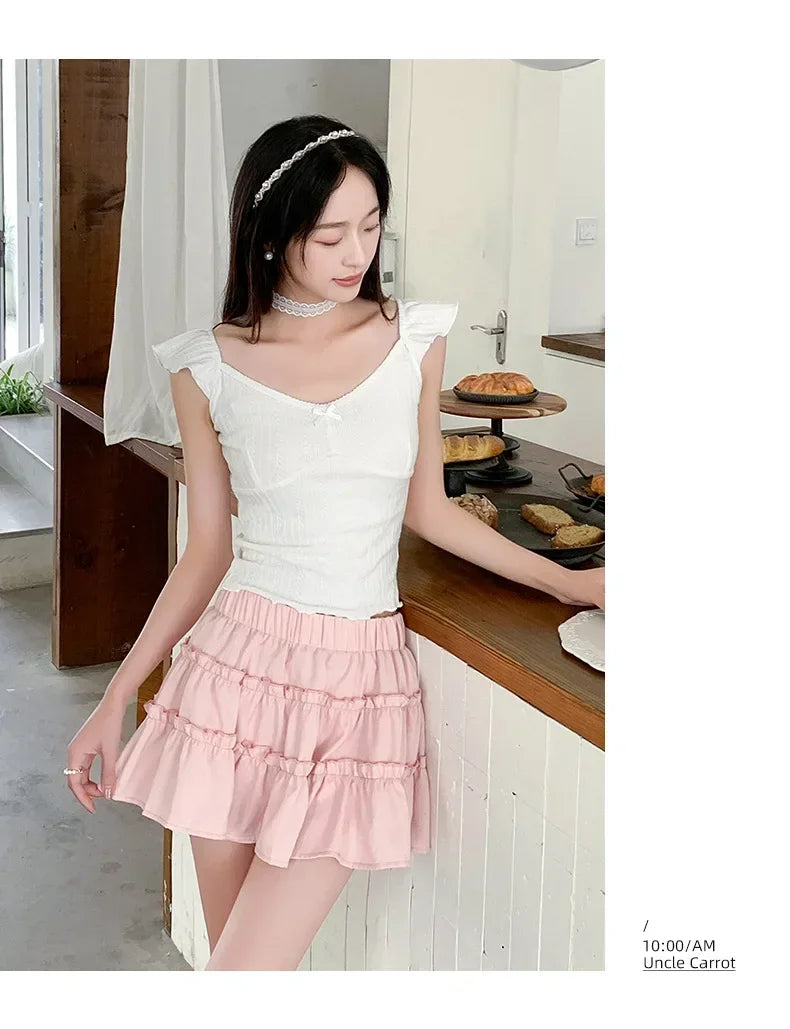 Elegant pink mini dress new summer thin style French ballet design cake skirt lace edge WOMEN'S JK skirt