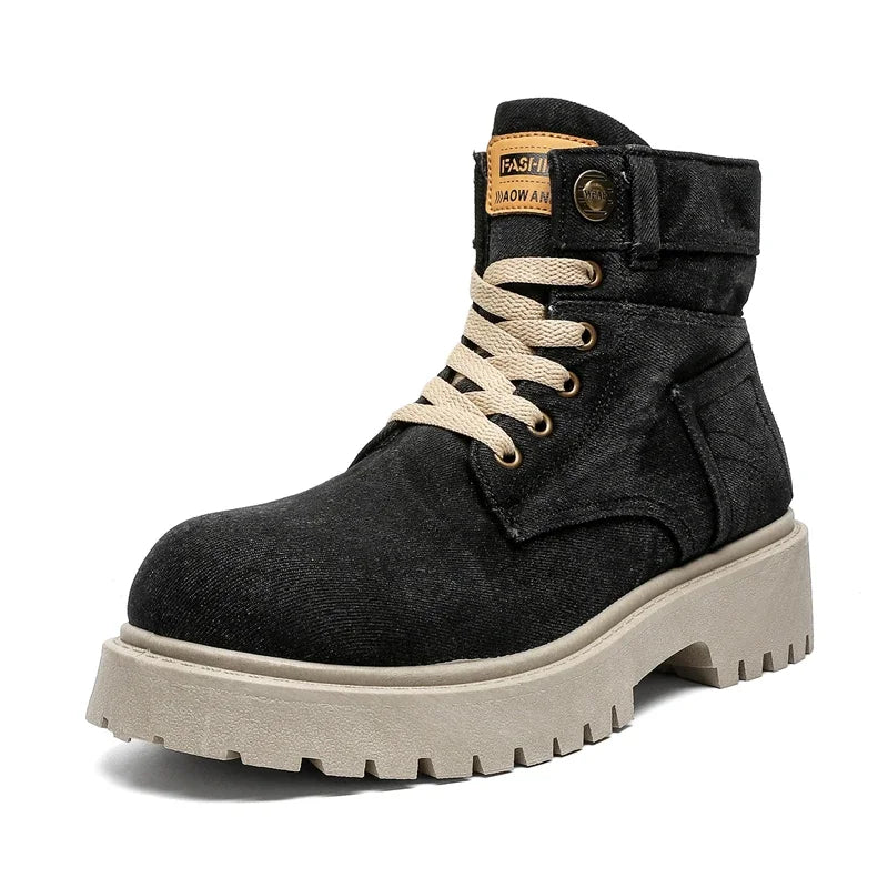 Breathable Men Boots Winter Denim Cloth Mens Ankle Boots Retro Work Boots Platform Men Casual Shoes Handmade High Top Shoes