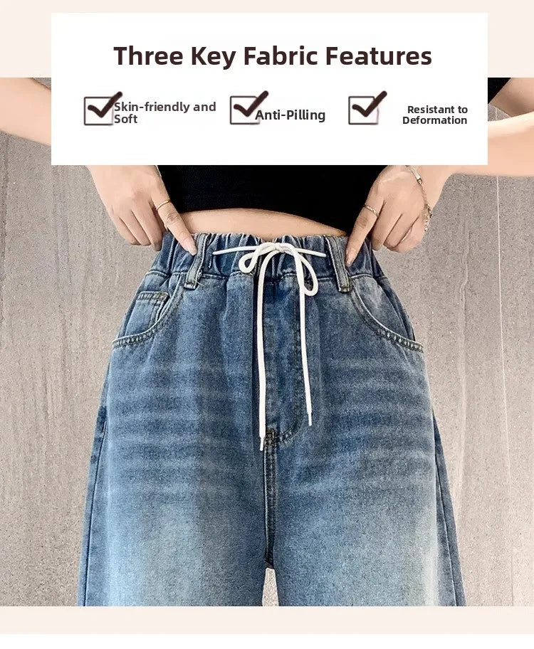 Calça Jeans Feminina Plus Size Folgada Cintura Alta Perna Larga Azul Claro Elástico na Cintura Cordão Calças Outono Moda Plus Size
