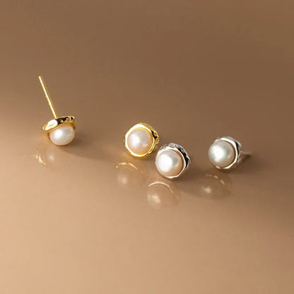 925 Sterling Silver Simple Natural Baroque Pearl Korean Stud Earrings for Women Fashion Moon Surface Statement Jewelry