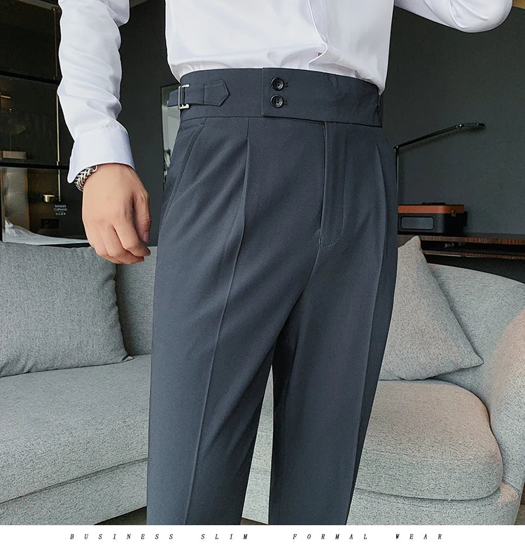 Men British Style Suits Pants New Male Solid High Waist Trousers High Quality Men Formal Slim Fit Business Casual Suit Pants