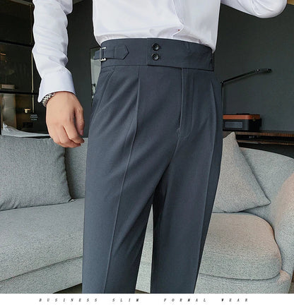 Men British Style Suits Pants New Male Solid High Waist Trousers High Quality Men Formal Slim Fit Business Casual Suit Pants