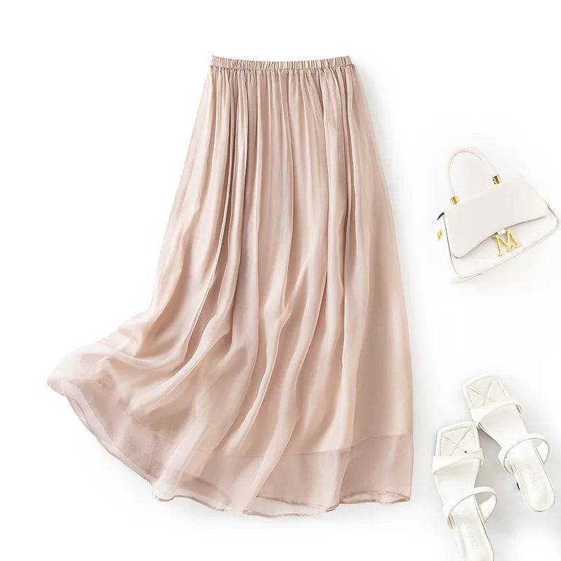 Women 100%Real Silk Elegant Skirts, Elastic Waist Solid, French Temperament Fairy Commute Skirt, 2025 Summer B56433CC