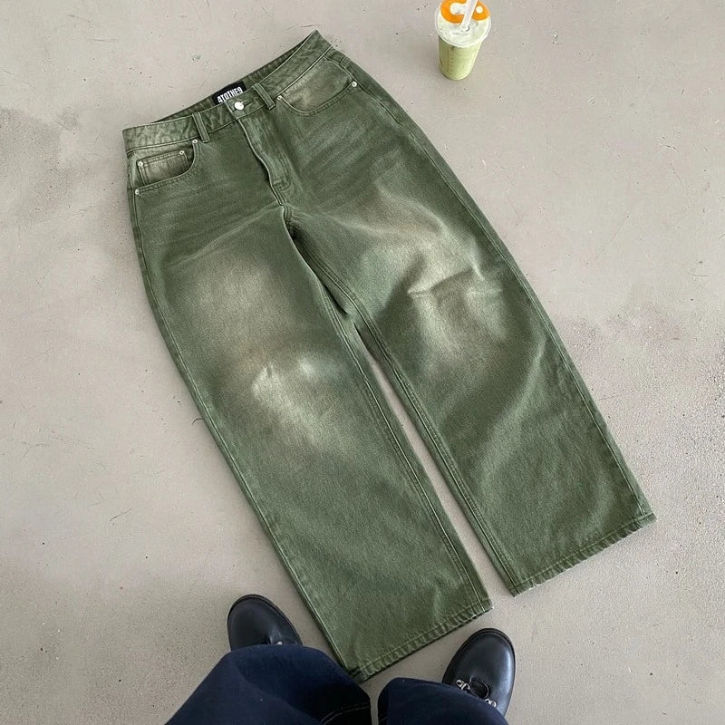 Calça Jeans Retrô Y2K Matcha Lavada Borda de Bilhar Calça Jeans Bordada Moda de Londres Estilo de Nova York Streetwear Unissex Jeans Folgado