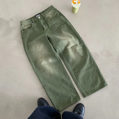 Calça Jeans Retrô Y2K Matcha Lavada Borda de Bilhar Calça Jeans Bordada Moda de Londres Estilo de Nova York Streetwear Unissex Jeans Folgado