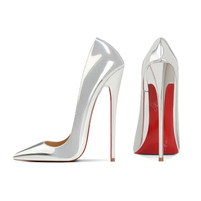 12cm pointed ultra-fine heel high heels sexy silver red powder lacquered leather plus size steel tube dance shoes