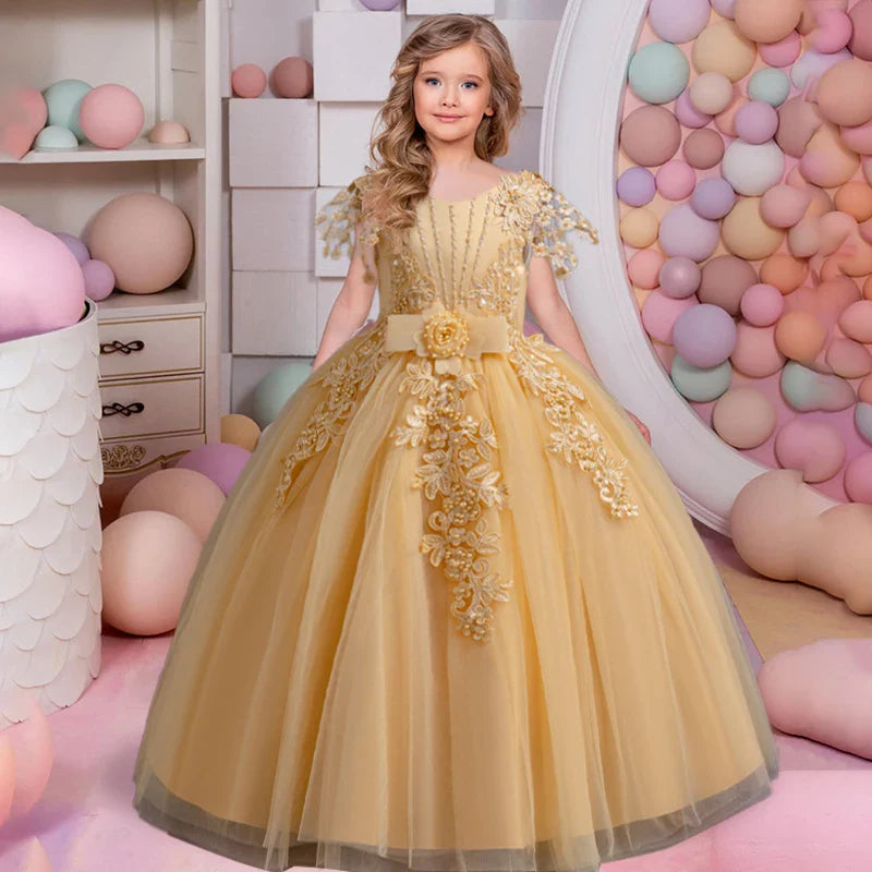 Lace up Tulle Flower Girl Dress Chest with flowers First Communion Ball Gown Wedding Party Bridesmaid Dress Kids 12Y