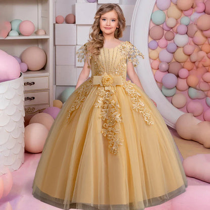 Lace up Tulle Flower Girl Dress Chest with flowers First Communion Ball Gown Wedding Party Bridesmaid Dress Kids 12Y