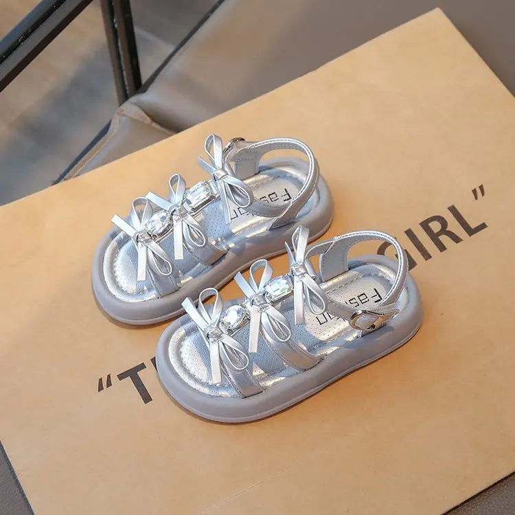 Summer Kids Fashion Hollow-out Roman Sandals Student Water Diamond Bow Sandals Sweet Bowknot Comfortable Elegant Girls Shoes