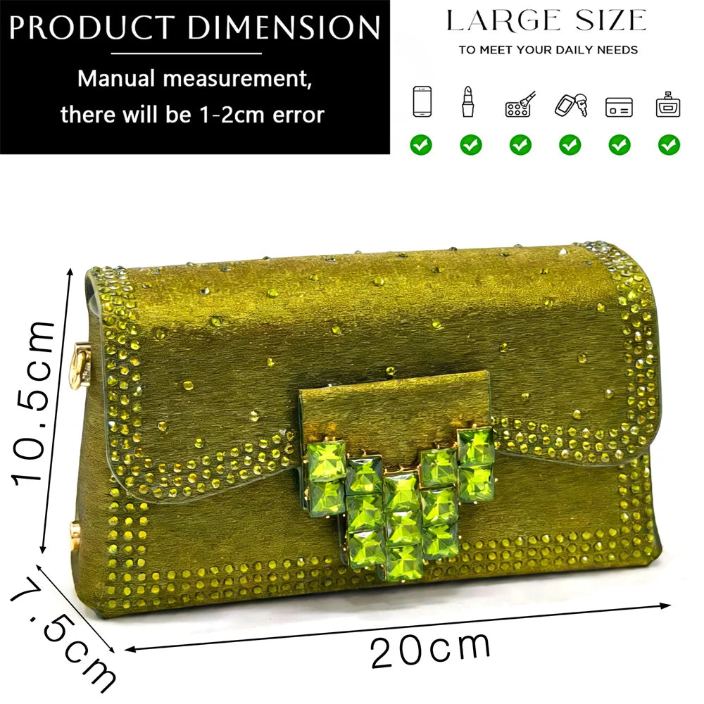Italian Design Olive Green rhinestone Pointed-Toe Women's High Heels & Matching Bag Set - Ideal for Parties & Weddings