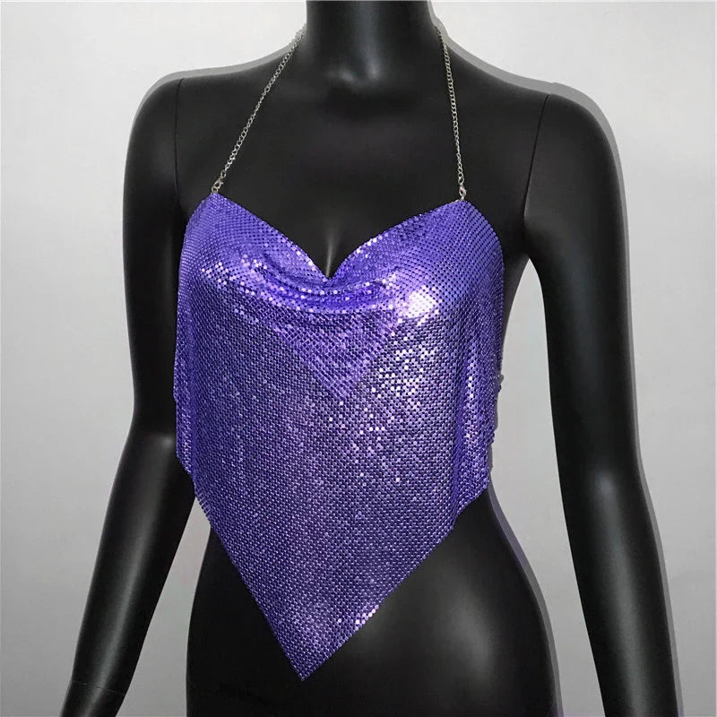 New Sexy Backless Metal Sequined Solid Camis Sleeveless Halter Hollow Out V Neck Adjustable Chain Women Nightclub Crop Tops