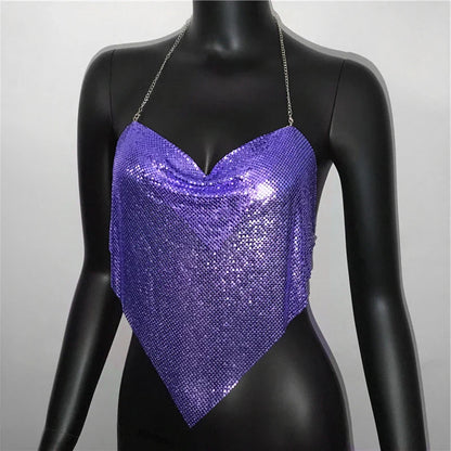 New Sexy Backless Metal Sequined Solid Camis Sleeveless Halter Hollow Out V Neck Adjustable Chain Women Nightclub Crop Tops