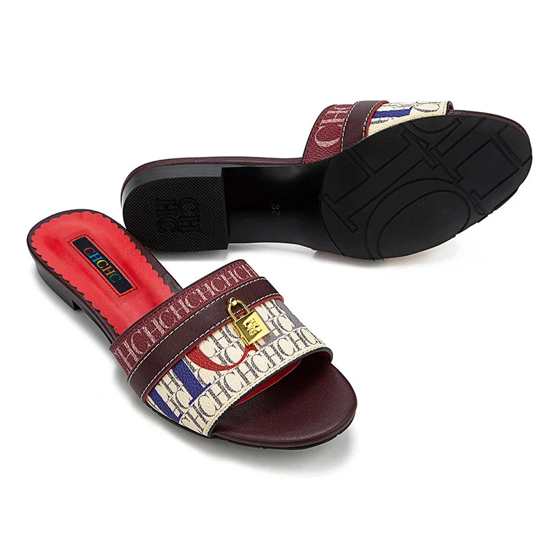 High Quality Metal Lock Monogram Print Women's Low Heeled Slippers Delicate and Versatile Women's Fashion Slippers