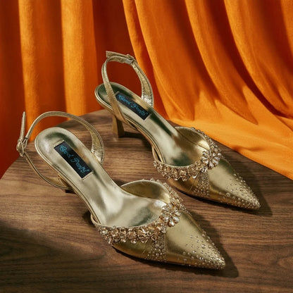 Italian Inspired Gold Rhinestone HAND CRAFTED UPPER Pointed Toe Women High Heels Shoes and Bag Set Elegant Party Shoes