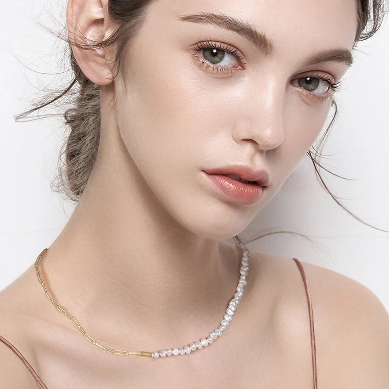 Natural Pearls Beaded Necklace with 925 Sterling Silver Paperclip Chain Wedding Party Fashion Pearls Jewelry GPN13