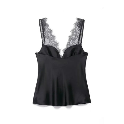 Women's Satin Lace Camisole - Sexy V-Neck Sleeveless Top for Summer, Perfect for Party & Beach Outfits, Comfortable Silky Feel