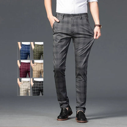 Brand Clothing Mens Casual Pants Fashion Plaid Classic Business Formal Trousers Elastic Straight Social Luxury Suit Pants