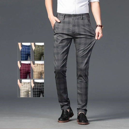 Brand Clothing Mens Casual Pants Fashion Plaid Classic Business Formal Trousers Elastic Straight Social Luxury Suit Pants