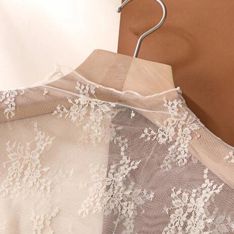 Elegant Sexy Women's Mesh T-Shirts Long Sleeve Lace See Through Blouse Versatile Bottoming Shirt Girls Sheer Tees Body Crop Top