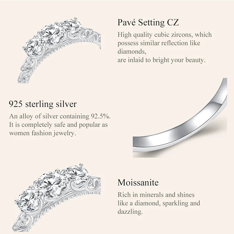 Round Moissanite Ring for Women, White Gold Plated D Color VVS1 Lab Diamond 925 Sterling Silver Engagement Ring