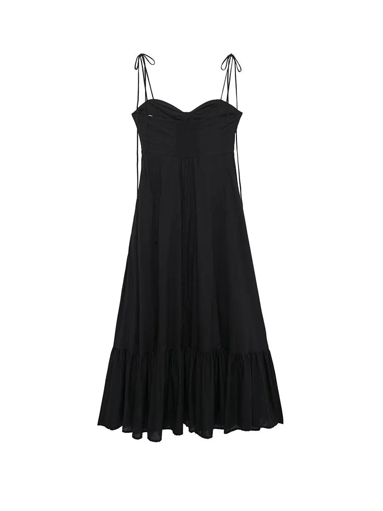 Summer New Woman Dress Spaghetti Strap Sleeveless Backless Lace-Up Zipper Pleats Sweet Beach Style Female Long Dresses
