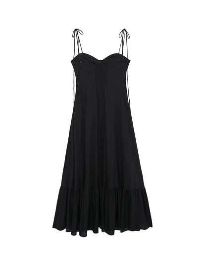 Summer New Woman Dress Spaghetti Strap Sleeveless Backless Lace-Up Zipper Pleats Sweet Beach Style Female Long Dresses